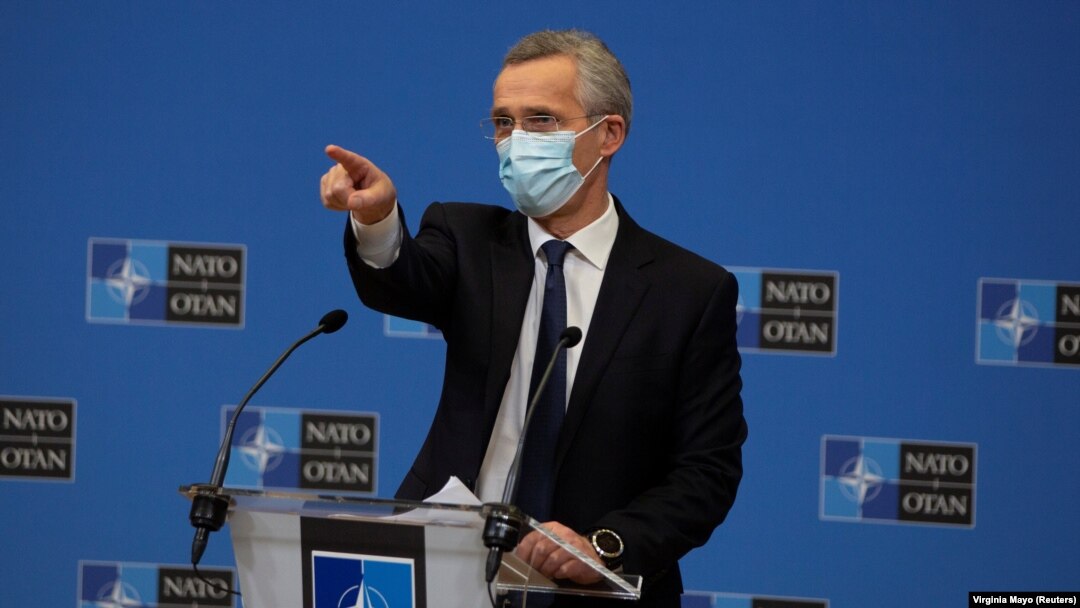 NATO Secretary-General Jens Stoltenberg attends a news conference following the alliance's defence ministers meeting in video format, at the headquarters in Brussels on February 18.