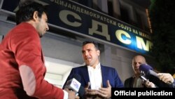 Macedonia - The Prime Minister and SDSM leader Zoran Zaev in front of the party's headquarters.