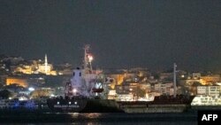 The Palau-flagged Resilient Africa vessel sails along the Bosphorus Strait past Istanbul on September 22.