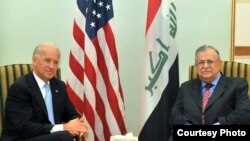 Iraqi President Jalal Talabani meets with U.S. Vice President Joe Biden.