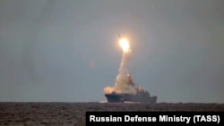 A photo that reportedly shows a Tsirkon hypersonic cruise missile being launched from the frigate Admiral Gorshkov during a test in the White Sea on October 7.