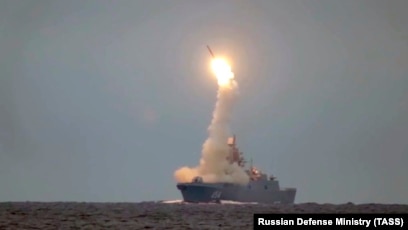 A Zircon hypersonic cruise missile is launched from the Russian frigate Admiral Gorshkov during a previous test in the White Sea.
