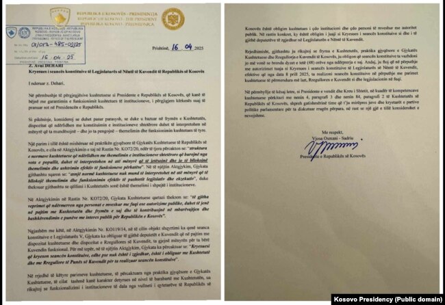 Letra që Osmani i dërgoi Deharit më 16 prill.