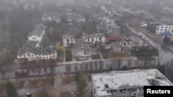 A recent aerial shot shows the Ukranian town of Myrnohrad.