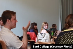 An American exchange student from Bard taking part in class discussions at Smolny College in 2013