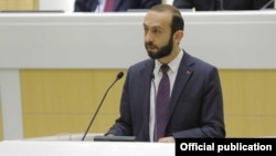 Russia Armenian parliament speaker Ararat Mirzoyan speaks in the Russian Federation Council , Moscow, February 27, 2019.