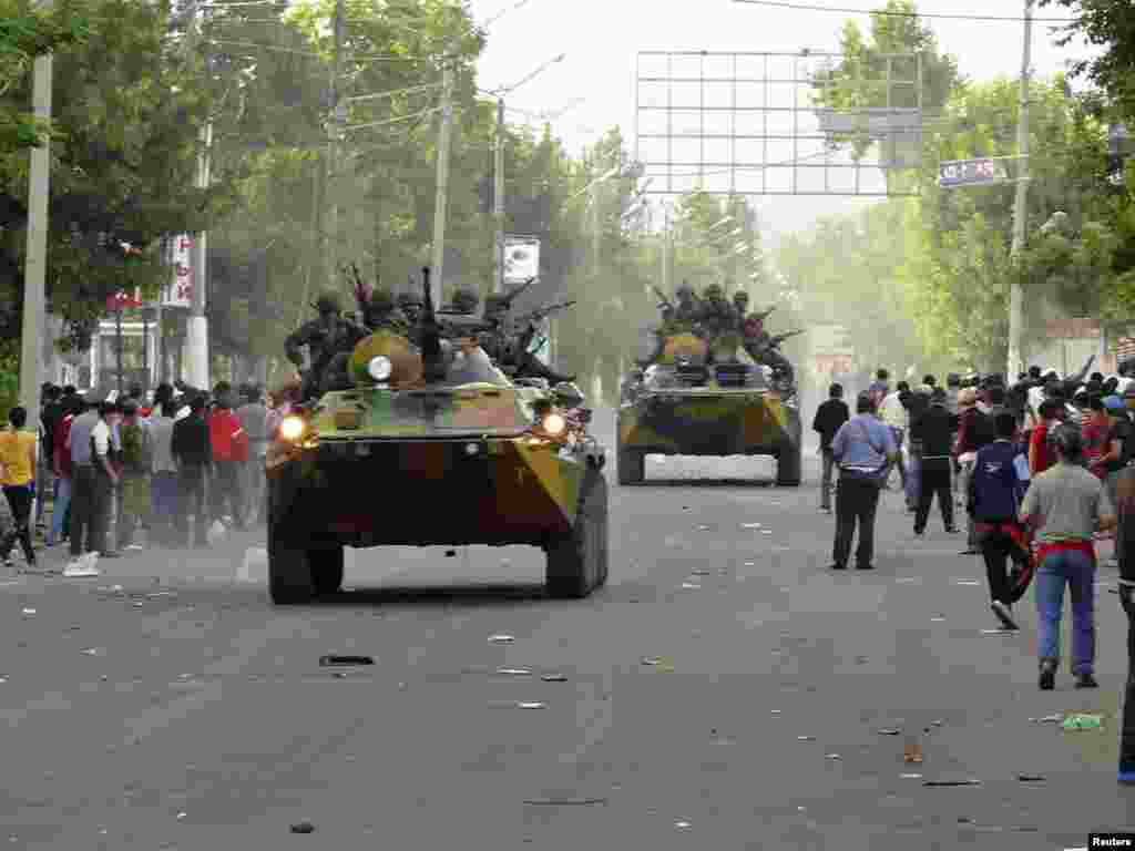 Armored vehicles in downtown Osh on June 11, after the interim government declared a state of emergency.