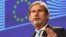EU Enlargement Negotiations Commissioner Johannes Hahn speaks at a news conference in Brussels on June 12.