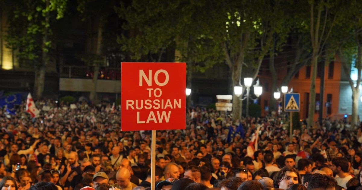 A crowd of people gathered outdoors with a sign reading "NO TO RUSSIAN LAW" held up.