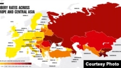 Мапа на Транспаренси интернешнал за стапките за поткуп во Европа и Централна Азија. 16.11.2016