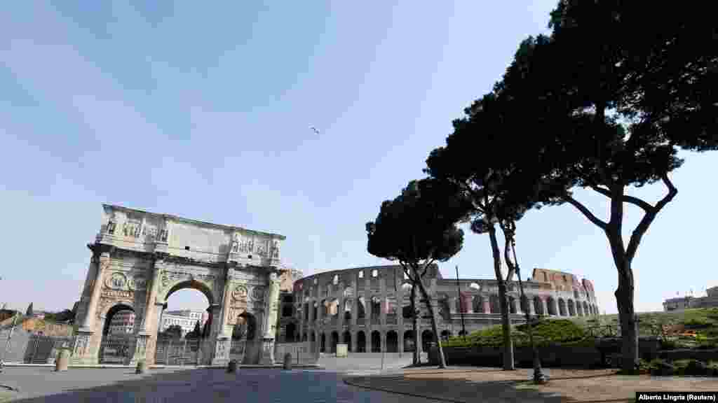 Italy - The Arch of Constantine is seen in Rome as Italians stay home as part of a lockdown against the spread of coronavirus disease (COVID-19) in Rome, 22Mar2020