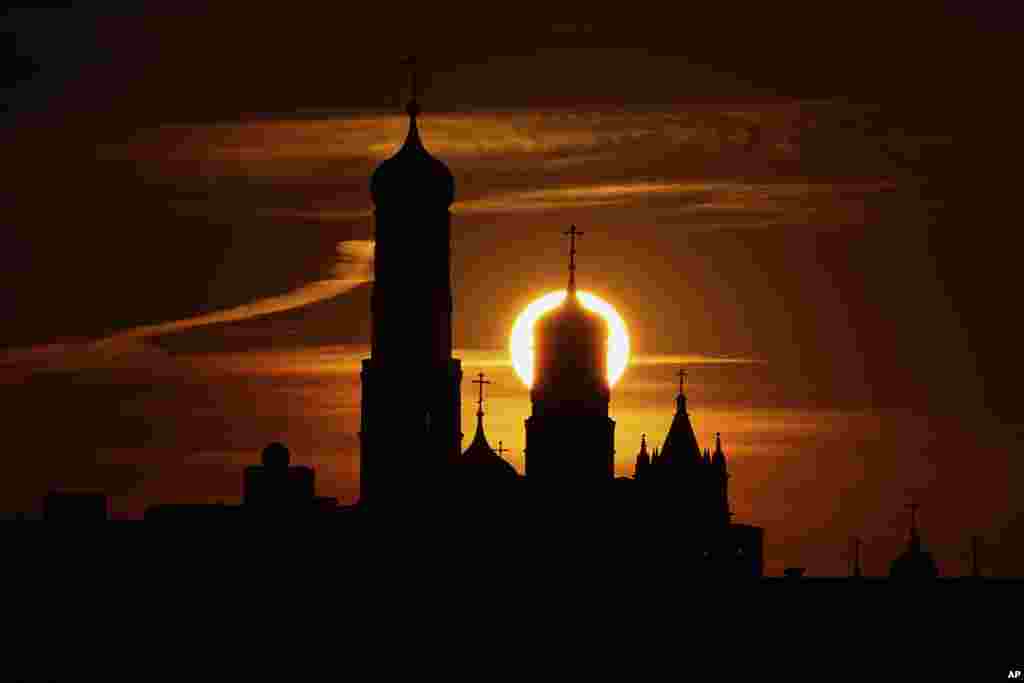 The sun sets on the Kremlin in Moscow, Russia,