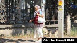 O pensionară echipată cu mască și însoțită de un câine la plimbare prin Bălți