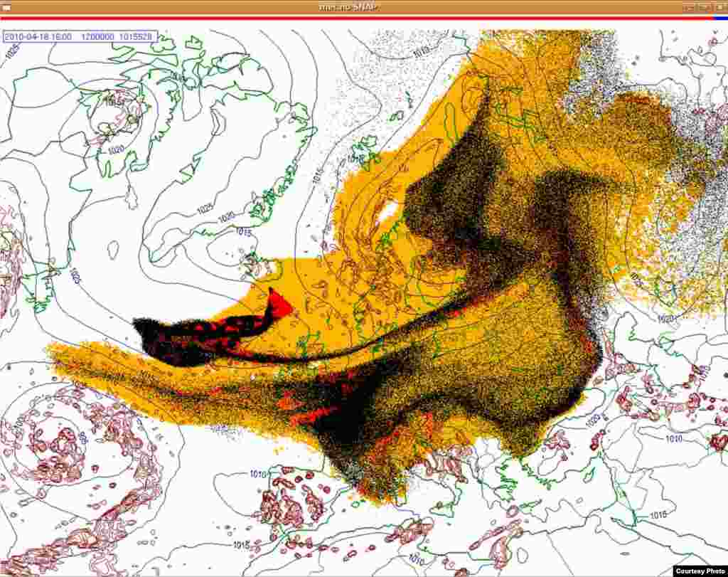 Проектирано движење на исландскиот облак од пепел (18.4. 1600 UTC) - Овие слики покажуваат проекција на движењето на облаците пепел од вулканска ерупција на Исланд низ Европа. Боите на сајтот претставуваат: жолто: пепел што ќе падне сам по себе црвено: пепел што ќе падне од врнежи црна: вистинскиот облак со пепел облак Извор: Норвешки Метеоролошки Институт