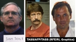 A combined photo of Paul Whelan (left), Viktor Bout (center), and Konstantin Yaroshenko