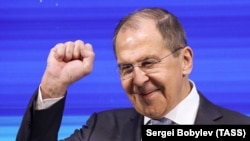 RUSSIA -- Russian Foreign Minister Sergei Lavrov gestures as he attends at the "New Knowledge" forum in Moscow, May 21, 2021