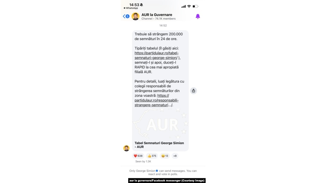 Captura mesaj de pe messengerul de Facebook al Alianței pentru Unirea Românilor (AUR) - apel pentru strângerea semnăturilor necesare pentru candidatura la președinție a lui George Simion, 12 martie 2025.
