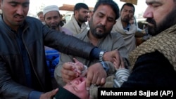 A health worker gives a polio vaccine to an Afghan refugee child in Peshawar (file photo).