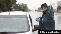 Сотрудник ГАИ проверяет документы во время карантина в Ташкенте.