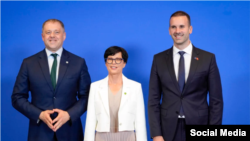 Thomas Byrne, irski ministar za evropska pitanja, čija zemlja predsedava Savetom Evropske unije, Marta Kos, evropska komesarka za proširenje i Milojko Spajić, premijer Crne Gore, 