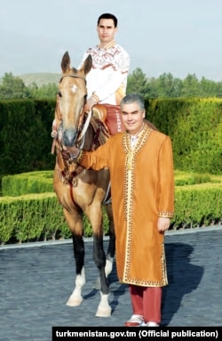 The Turkmen president with his son in a picture published in a Turkmen daily newspaper on June 7.