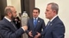 Egypt - Azerbaijani Foreign Minister Jeyhun Bayramov (right) talks to his Armenian counterpart Ararat Mirzoyan during a summit in Sharm el-Sheikh, October 13, 2025.