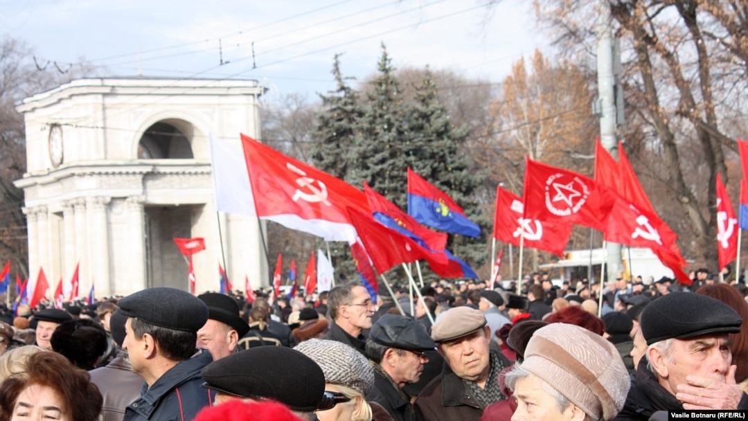 Communist supporters protest in Chisinau on December 10.