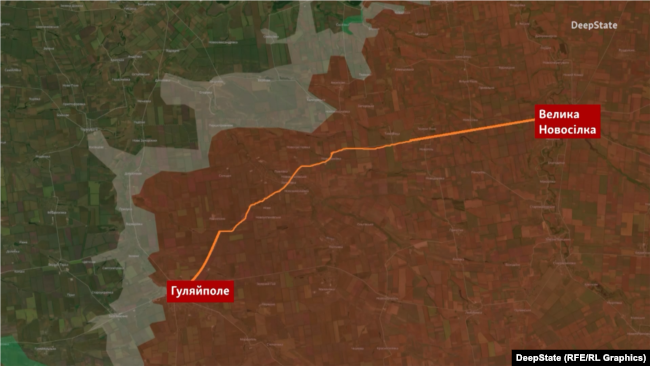Дорога між Гуляйполем і Великою Новосілкою на мапі DeepState