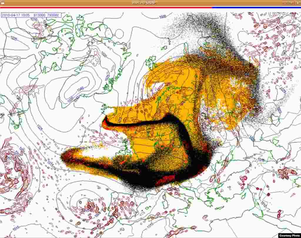 Проектирано движење на исландскиот облак од пепел (17.4. 1000 UTC) - Овие слики покажуваат проекција на движењето на облаците пепел од вулканска ерупција на Исланд низ Европа. Боите на сајтот претставуваат: жолто: пепел што ќе падне сам по себе црвено: пепел што ќе падне од врнежи црна: вистинскиот облак со пепел облак Извор: Норвешки Метеоролошки Институт