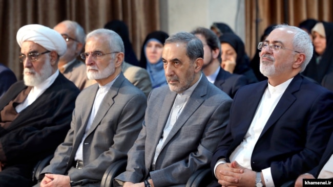 Iranian foreign minister Mohammad Javadi Zarif (R) and his predecessors Ali Akbar Larijani and Kamal Kharazi, in a meeting with Supreme Leader Ali Khamenei on July 21, 2018.