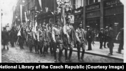 Ukrainian Sokol members march through Prague in July 1926. 