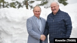 Russian President Vladimir Putin (left) meets with Belarusian counterpart Alyaksandr Lukashenka in Sochi on February 22.