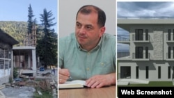 სასტუმროს მშენებლობა 2024 წელს (თაზო მახარაძის ფოტო), გია ონიანი (ფოტო პირადი არქივიდან ) და სასტუმროს მაკეტი (წყარო: iFact-ი)