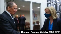 Russian Foreign Minister Sergei Lavrov (left) and U.K. Foreign Secretary Elizabeth Truss meet on the sidelines of the UN General Assembly in New York in September.
