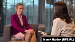 The European Union's foreign policy chief, Kaja Kallas, speaks to RFE/RL in Warsaw on March 4.