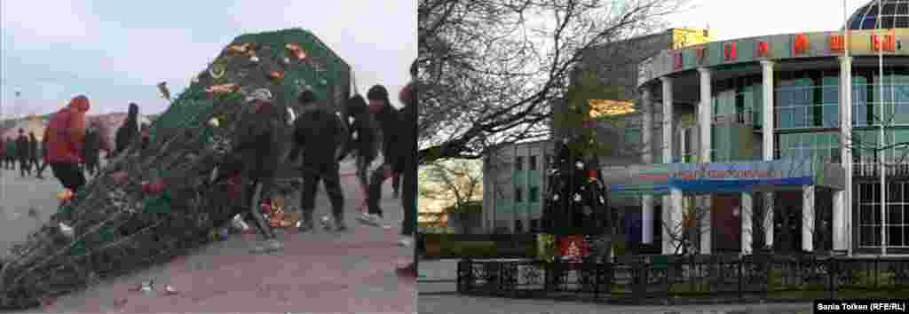 A video grab shows protesters pulling down a Christmas tree in the main square. Today, a Christmas tree stands in front of the city&#39;s Munaishy Palace of Culture.