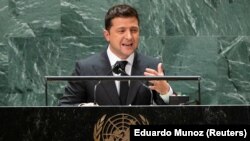 Ukrainian President Volodymyr Zelenskiy addresses the UN General Assembly in New York on September 22.