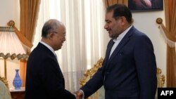 Իրանի Անվտանգության գերագույն խորհրդի գլխավոր քարտուղար Ալի Շամխանին (աջից) Թեհրանում ընդունում է ԱԷՄԳ-ի գլխավոր քարտուղար Յուկիա Ամանոյին, 2-ը հուլիսի, 2015թ.