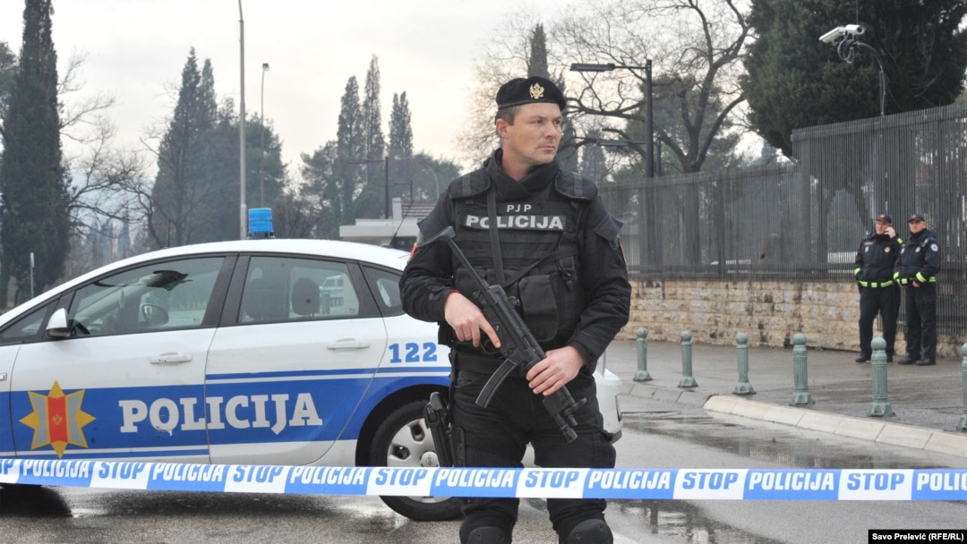 Police block off the area around the U.S. Embassy building in Podgorica after a grenade attack on the facility on February 22. 