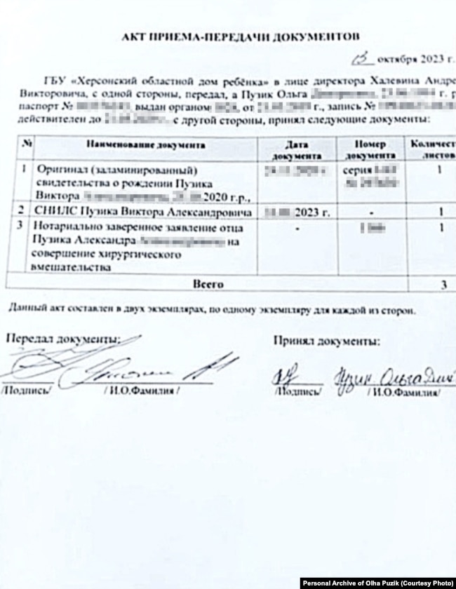 Акт передачі Віті його матері Ользі
