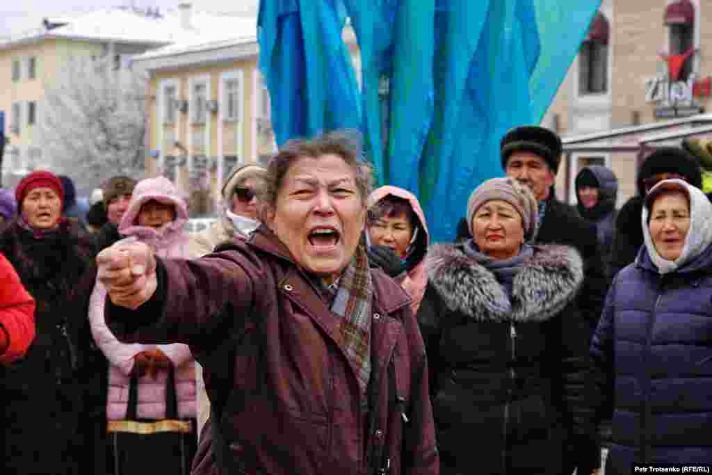 A participant in the rally in Almaty on December 16.