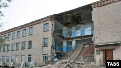 The collapsed section of the school building in Belyayevka in October 2008, which killed teenager Zinira Iskakova.