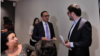 Armenia -- Healthcare Minister Arsen Torosian (C) cuts short his press conference disrupted by his former adviser Gevorg Tamamian (R), September 3, 2019.