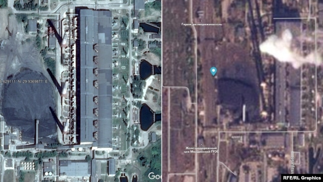 Imaginile din satelit din 2014 (stânga) și 2024 a depozitului de cărbune de lângă Centrala de la Cuciurgan (MGRES).
