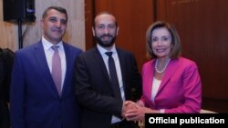 U.S. -- House Speaker Nancy Pelosi meets with Armenian parliament speaker Ararat Mirzoyan (C) in Washington, July 16, 2019.