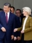 French President Emmanuel Macron (left), Chinese leader Xi Jinping (center), and European Commission President Ursula von der Leyen (right) leave after holding a trilateral talks in Paris in 2024. 