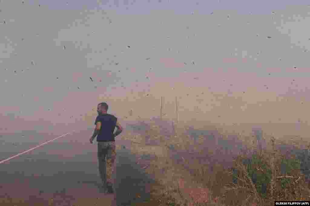 A Ukrainian soldier runs to help farmers extinguish a burning field near Pokrovsk in eastern Ukraine.