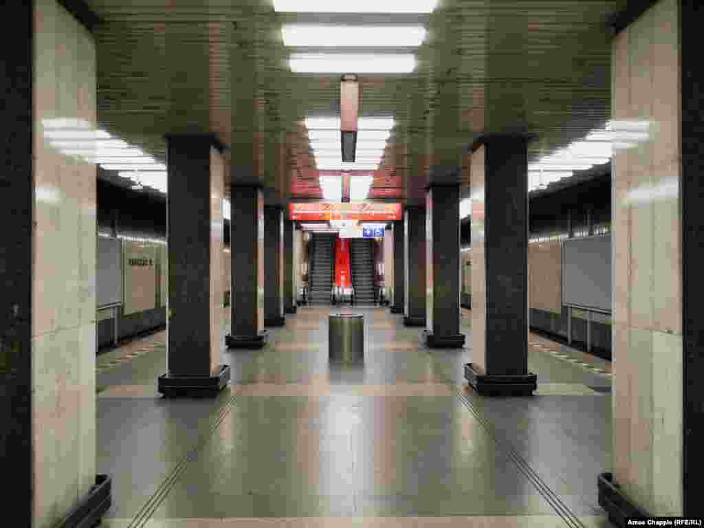 An empty metro station in southern Prague shortly before 10 p.m. on March 13.&nbsp;