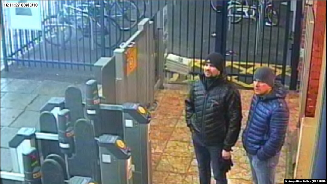 The suspects, Aleksandr Petrov (right) and Ruslan Boshirov, stand at Salisbury train station on March 3.