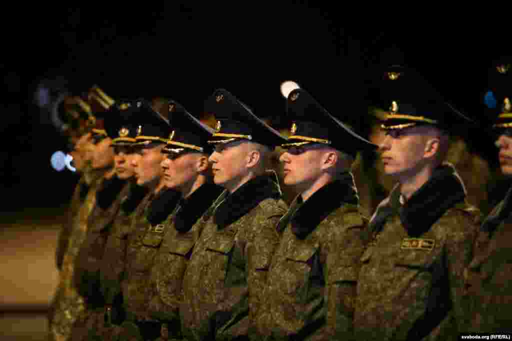 Soldiers stand in a line during the Victory Day parade rehearsal on April 6.&nbsp;The final rehearsals will take place in Minsk on May 5 and May 7.